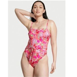 Victoria's Secret Swim XXLarge One Piece High Cut Tie Front Floral Swimsuit Pink